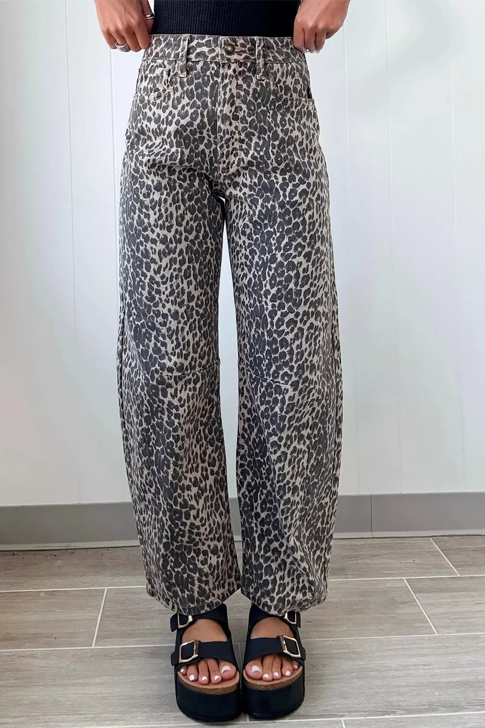 Leopard Print High Waist Barrel Jeans