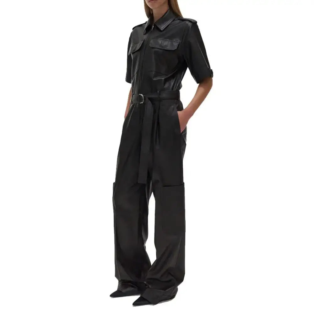 Classy Black Baggy Leather Jumpsuit